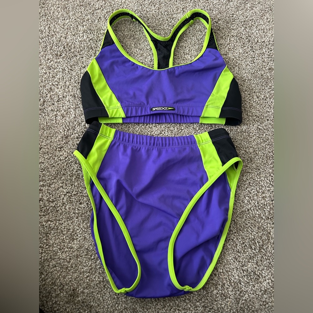 Speedo One Piece Swimsuit Purple and Green Sporty Design